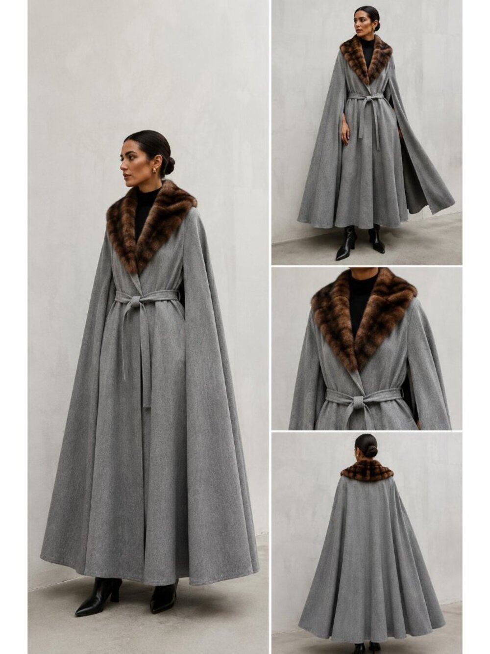 Gray Wool Cape Coat Genuine Mink Fur Collar Belted Maxi Women S/M Old Money